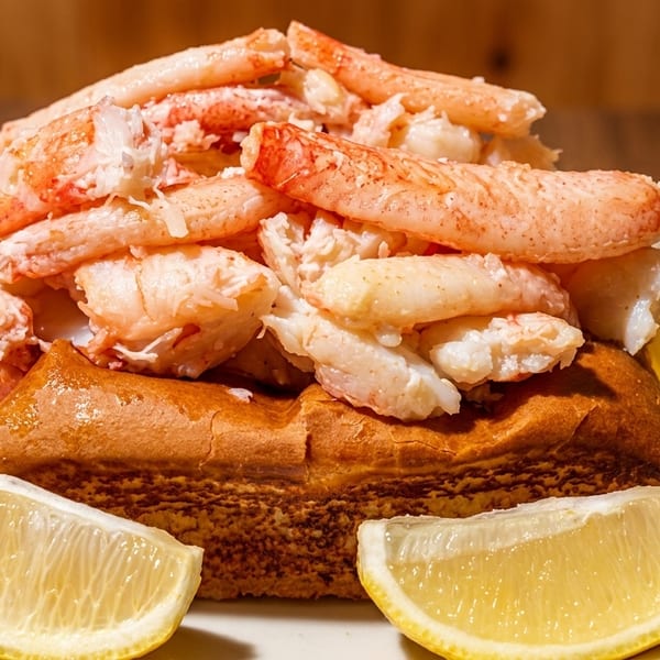 A generous crab roll with lemon wedges and a side of melted butter on a white plate.