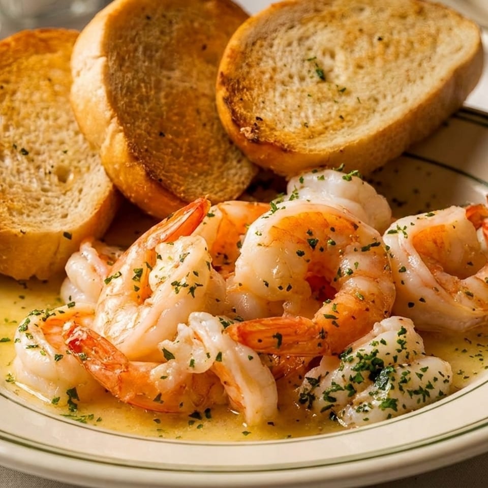 Shrimp scampi with garlic butter sauce and toasted bread slices on a white plate with green stripes.