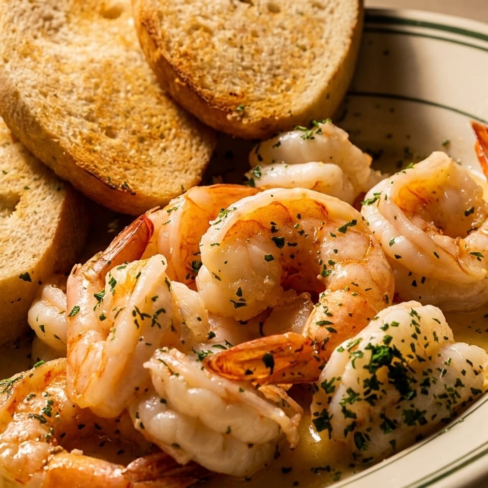Shrimp scampi with garlic butter sauce and toasted bread on a white plate with green stripes.