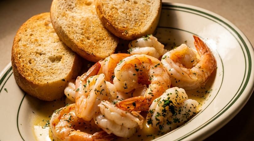 Shrimp scampi with garlic butter sauce and toasted bread on a white plate with green stripes.