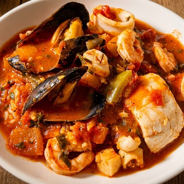 Seafood stew with mussels, shrimp, squid, and white fish in a rich tomato sauce.