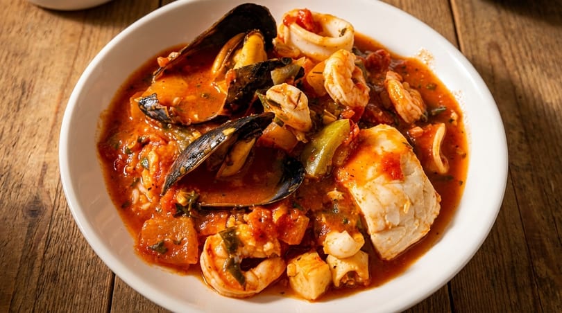 Seafood stew with mussels, shrimp, squid, and white fish in a rich tomato sauce.
