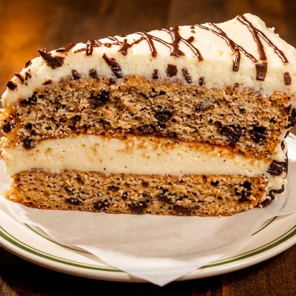 A slice of layered chocolate chip cake with white frosting and chocolate drizzle on a white plate.