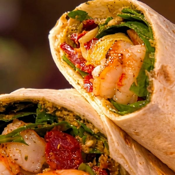 Two shrimp wraps filled with greens, sun-dried tomatoes, and pesto, presented on a dark background.