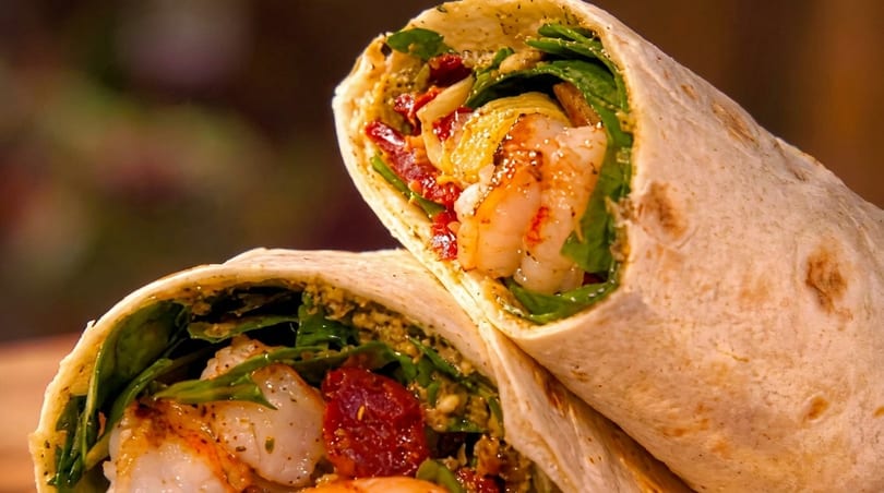 Two shrimp wraps filled with greens, sun-dried tomatoes, and pesto, cut in half.